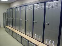 a row of heavy-duty personal storage lockers in a law enforcement facility